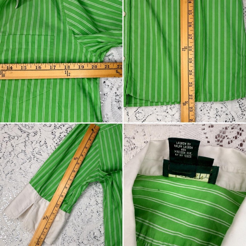 Lauren Ralph Lauren Green Striped Contrast Cuff Button-Up Shirt- L - Picture 8 of 8